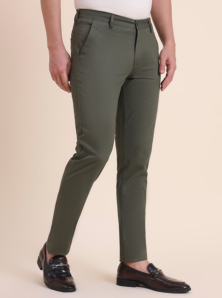 Light Olive Solid Uno Fit Casual Trouser | JadeBlue
