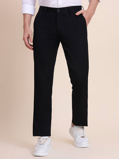 Black Solid Uno Fit Casual Trouser | JadeBlue