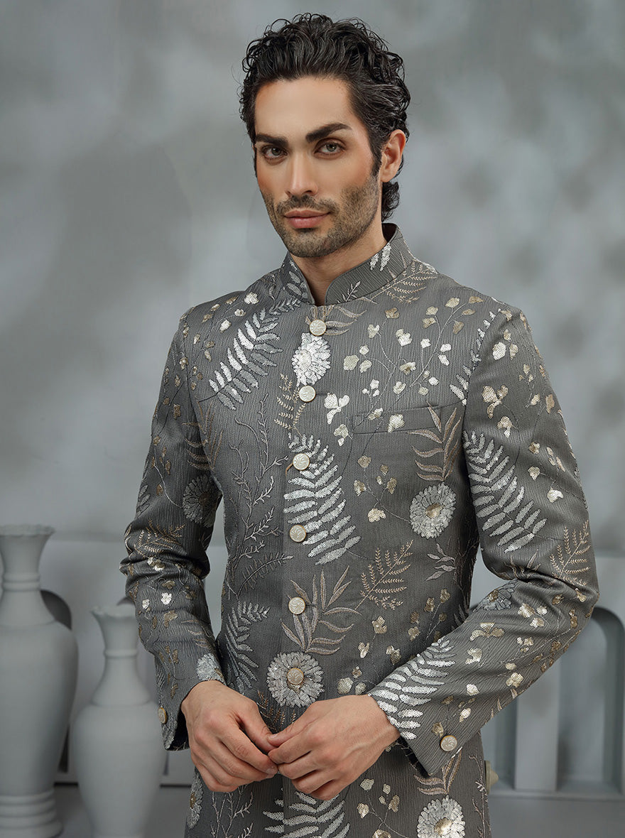 Charcoal Grey Embroidered Indowestern | TULA