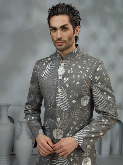 Charcoal Grey Embroidered Indowestern | TULA