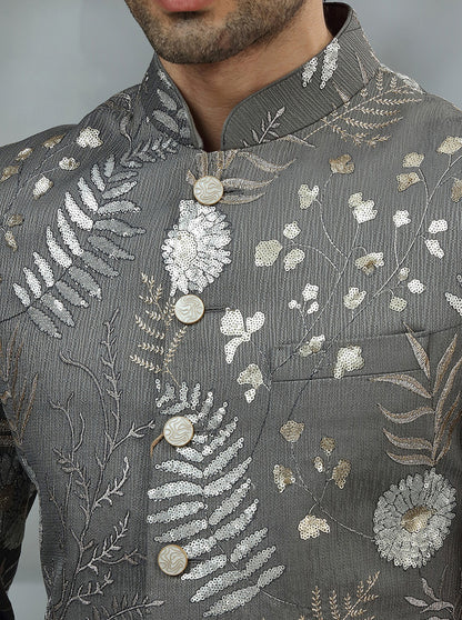 Charcoal Grey Embroidered Indowestern | TULA