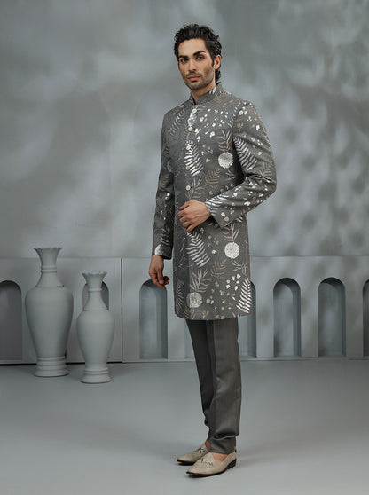 Charcoal Grey Embroidered Indowestern | TULA