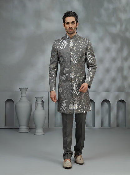 Charcoal Grey Embroidered Indowestern | TULA