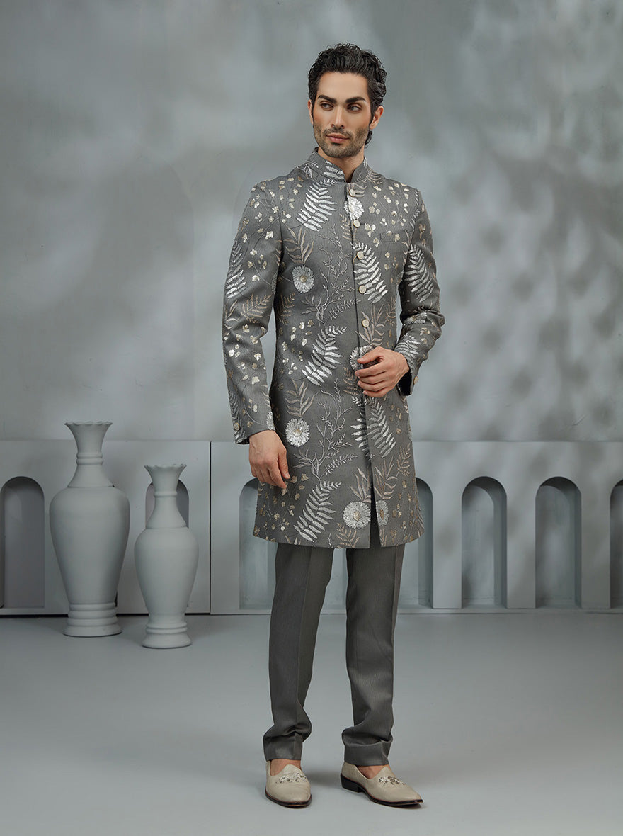 Charcoal Grey Embroidered Indowestern | TULA