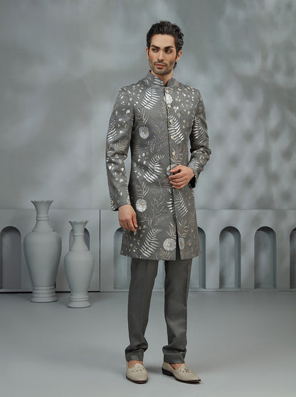 Charcoal Grey Embroidered Indowestern | TULA