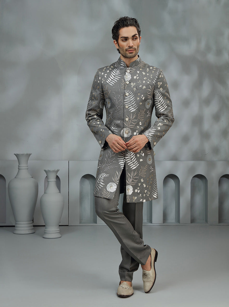 Charcoal Grey Embroidered Indowestern | TULA