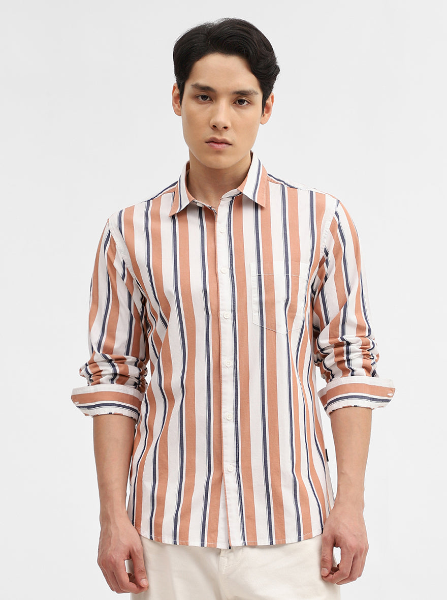 Orange & White Striped Slim Fit Casual Shirt | Greenfibre