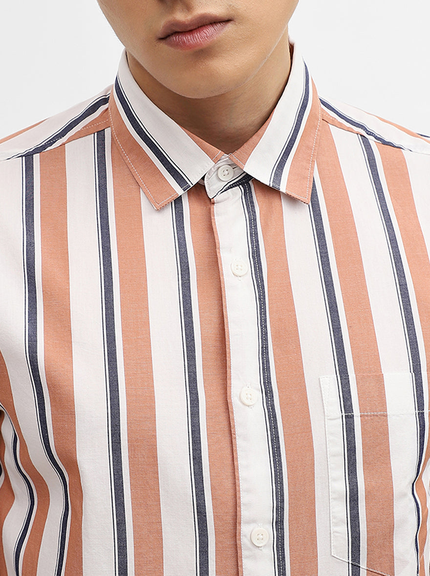 Orange & White Striped Slim Fit Casual Shirt | Greenfibre