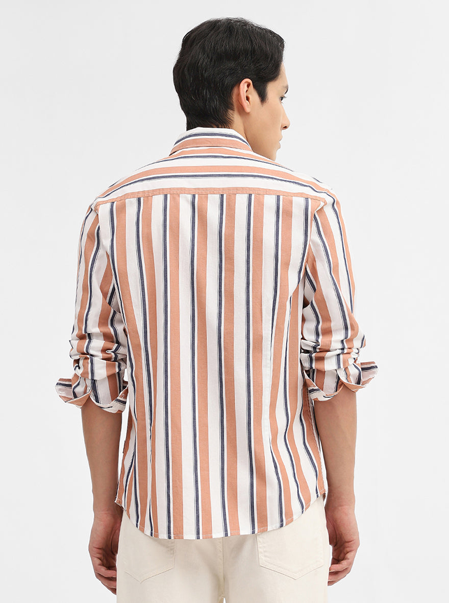 Orange & White Striped Slim Fit Casual Shirt | Greenfibre