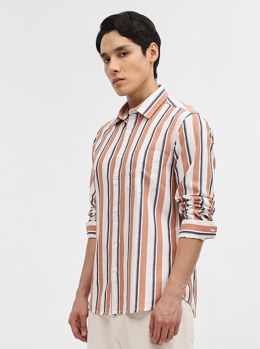 Orange & White Striped Slim Fit Casual Shirt | Greenfibre