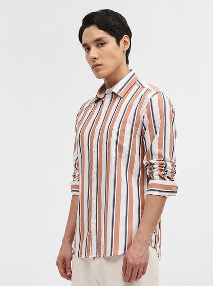 Orange & White Striped Slim Fit Casual Shirt | Greenfibre