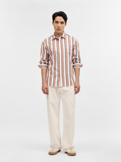 Orange & White Striped Slim Fit Casual Shirt | Greenfibre