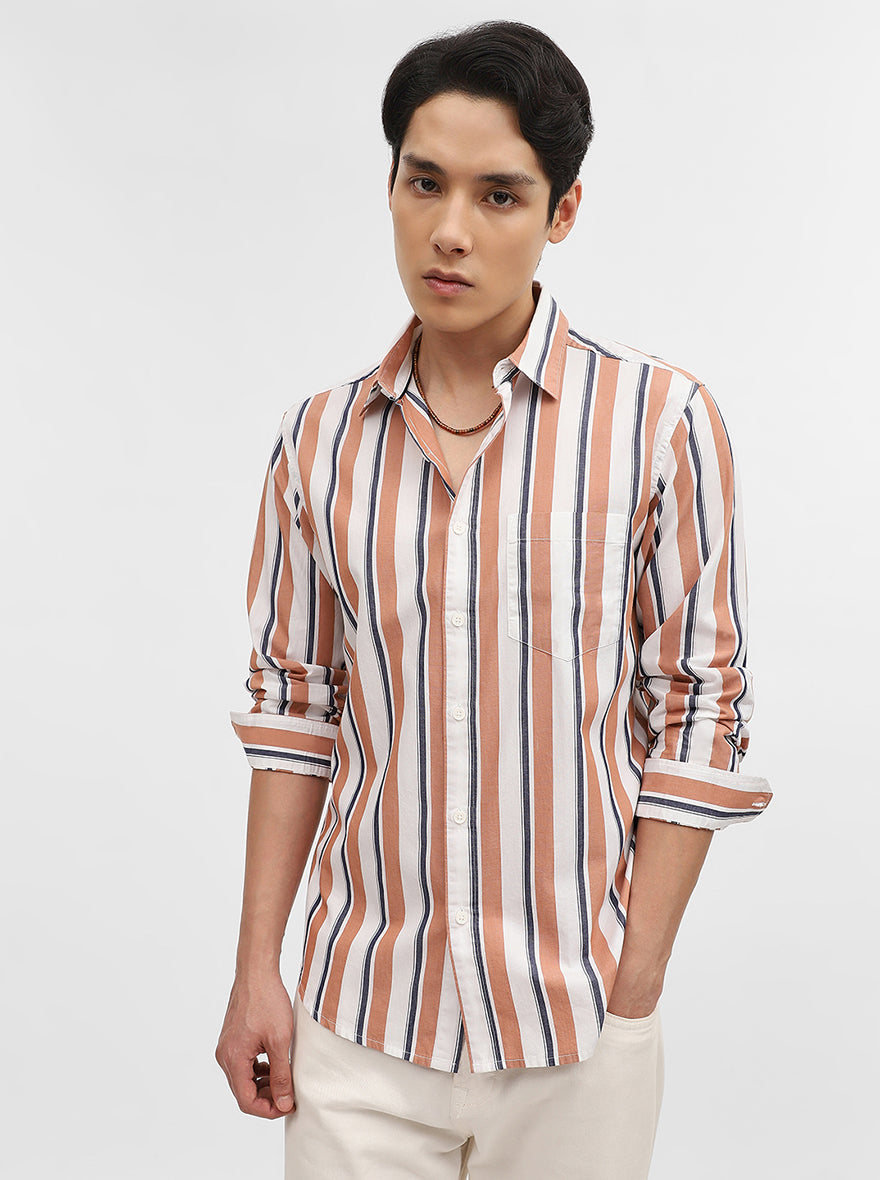 Orange & White Striped Slim Fit Casual Shirt | Greenfibre