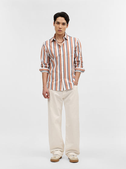 Orange & White Striped Slim Fit Casual Shirt | Greenfibre