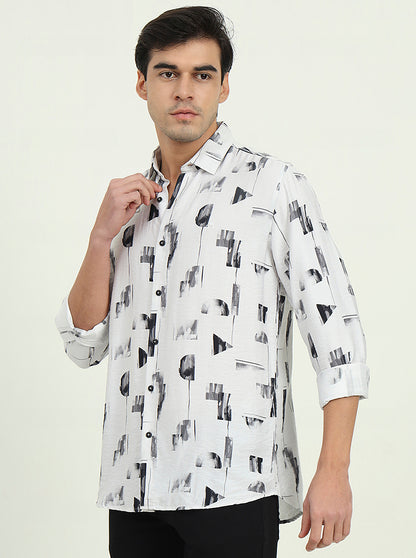 Grey & Black Printed Slim Fit Casual Shirt | JadeBlue
