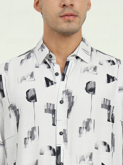Grey & Black Printed Slim Fit Casual Shirt | JadeBlue