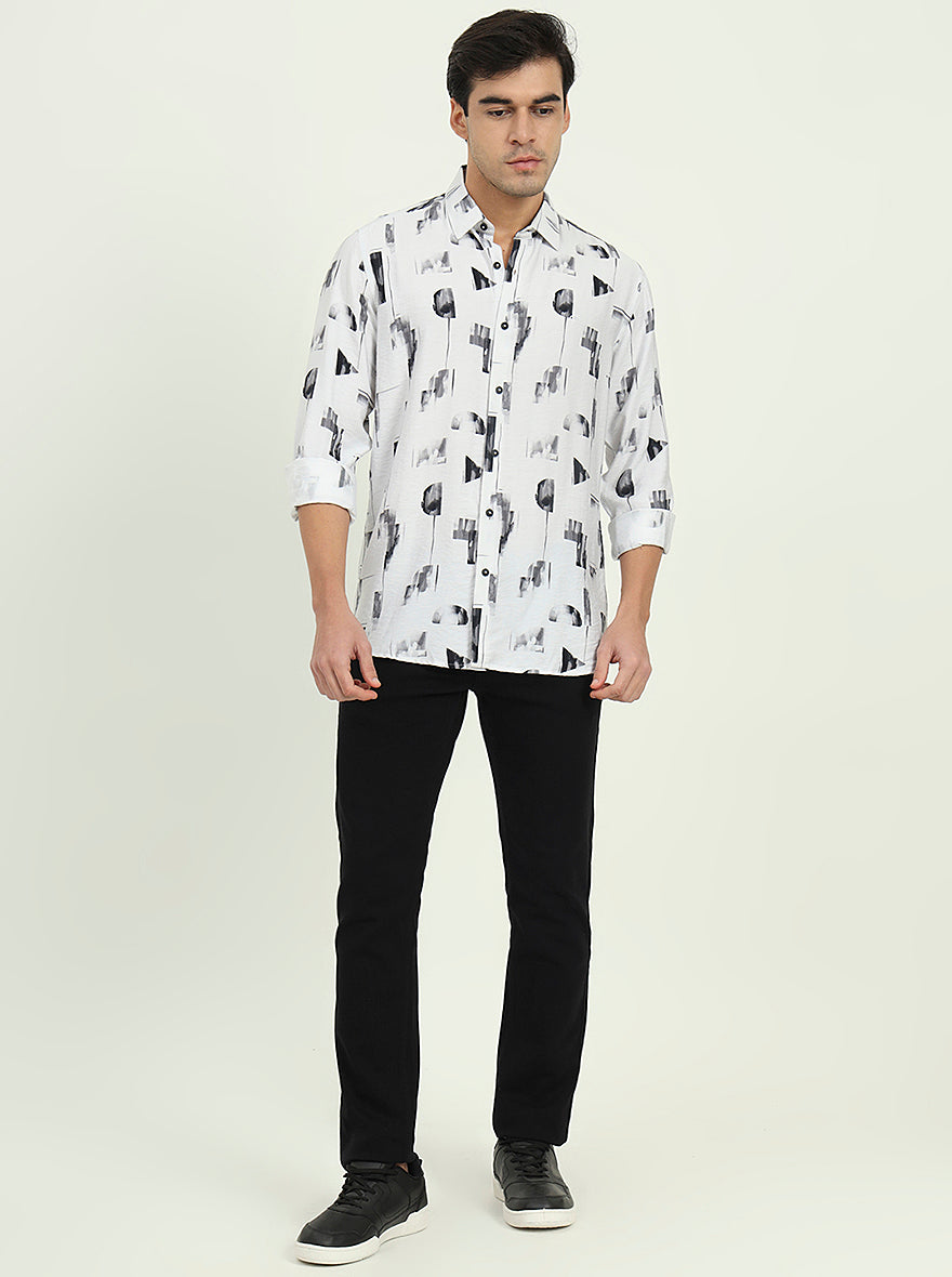 Grey & Black Printed Slim Fit Casual Shirt | JadeBlue