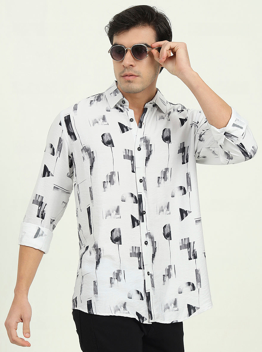 Grey & Black Printed Slim Fit Casual Shirt | JadeBlue