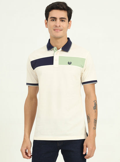 Off-White & Navy Blue Striped Slim Fit Polo T-Shirt | Greenfibre