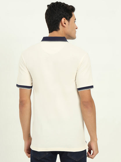 Off-White & Navy Blue Striped Slim Fit Polo T-Shirt | Greenfibre