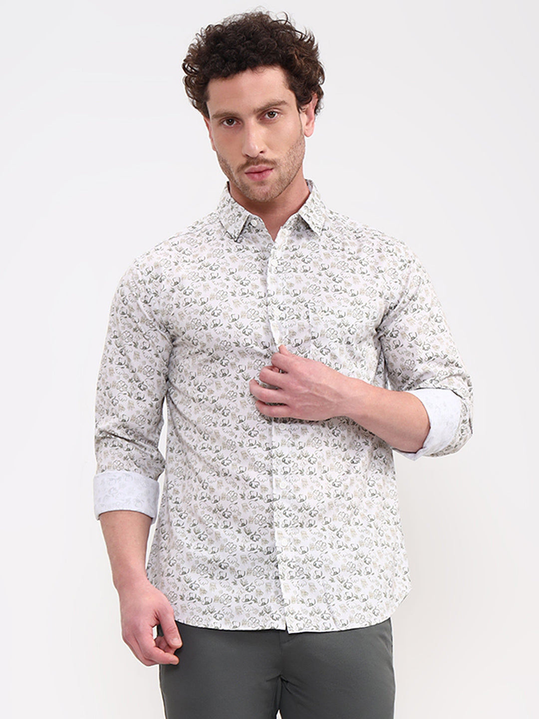 Green & White Printed Slim Fit Casual Shirt | Greenfibre