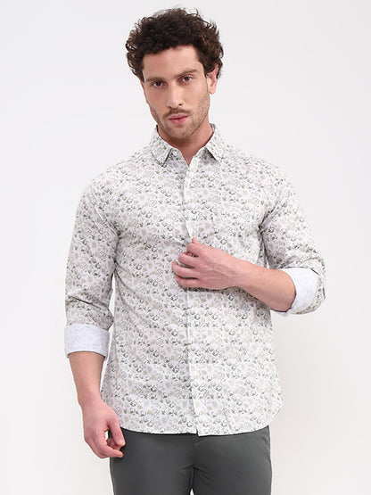 Green & White Printed Slim Fit Casual Shirt | Greenfibre