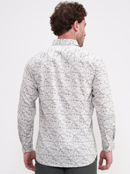 Green & White Printed Slim Fit Casual Shirt | Greenfibre