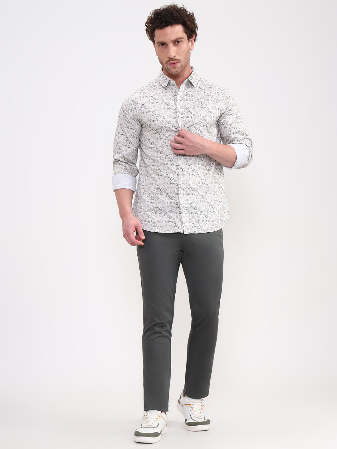 Green & White Printed Slim Fit Casual Shirt | Greenfibre