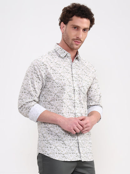 Green & White Printed Slim Fit Casual Shirt | Greenfibre