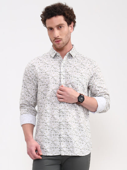 Green & White Printed Slim Fit Casual Shirt | Greenfibre