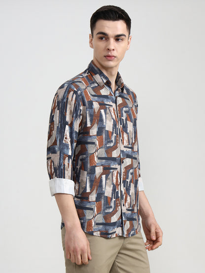 Dark Grey Printed Slim Fit Casual Shirt | Greenfibre