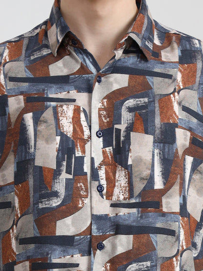 Dark Grey Printed Slim Fit Casual Shirt | Greenfibre