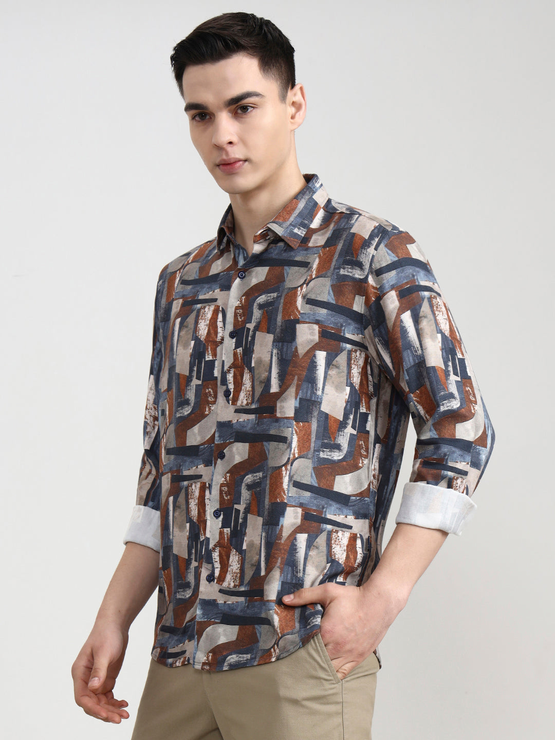 Dark Grey Printed Slim Fit Casual Shirt | Greenfibre