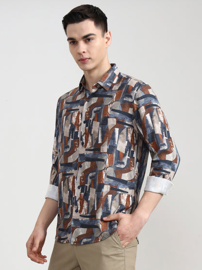 Dark Grey Printed Slim Fit Casual Shirt | Greenfibre