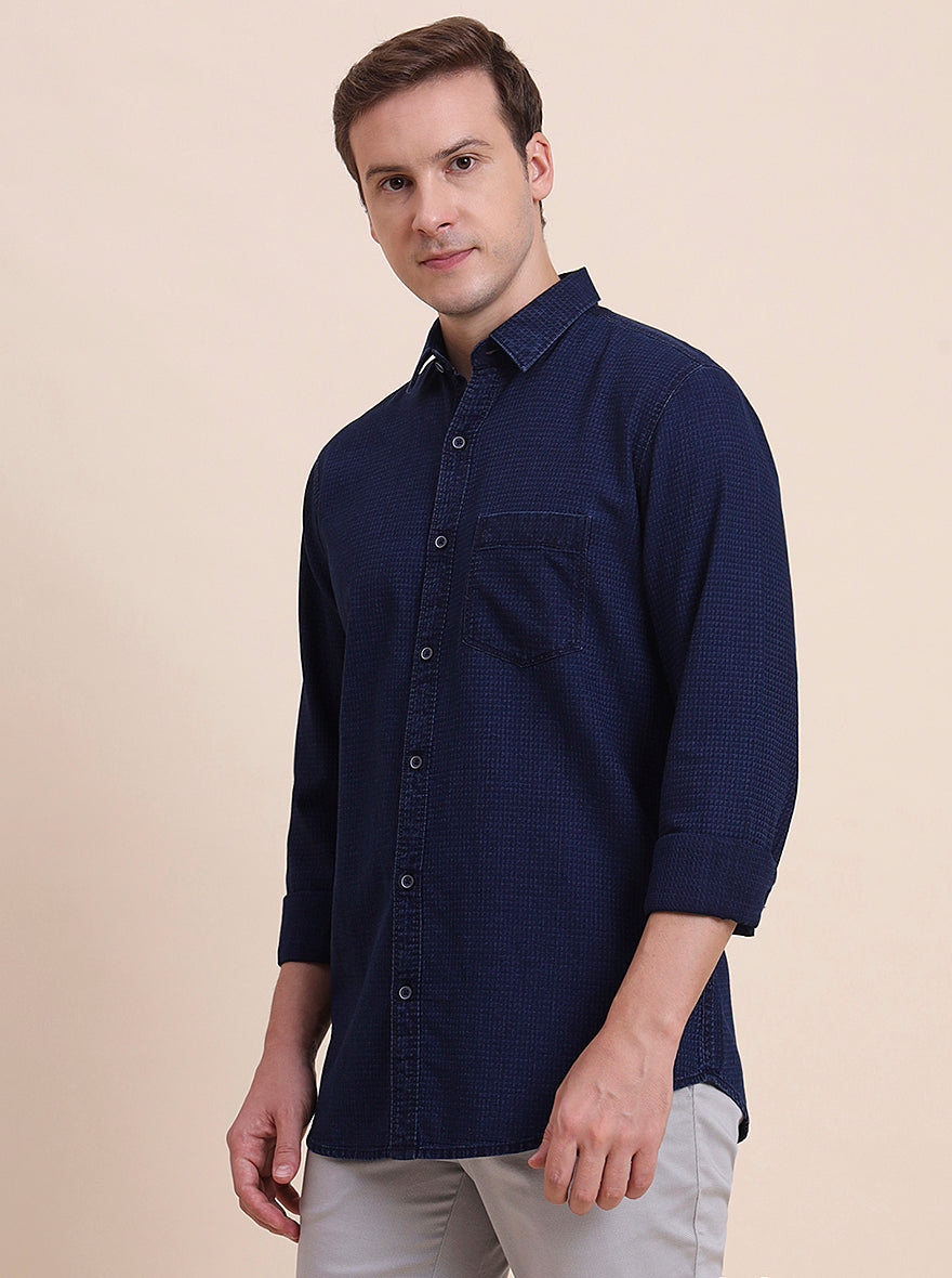Navy Blue Solid Slim Fit Casual Shirt | JadeBlue