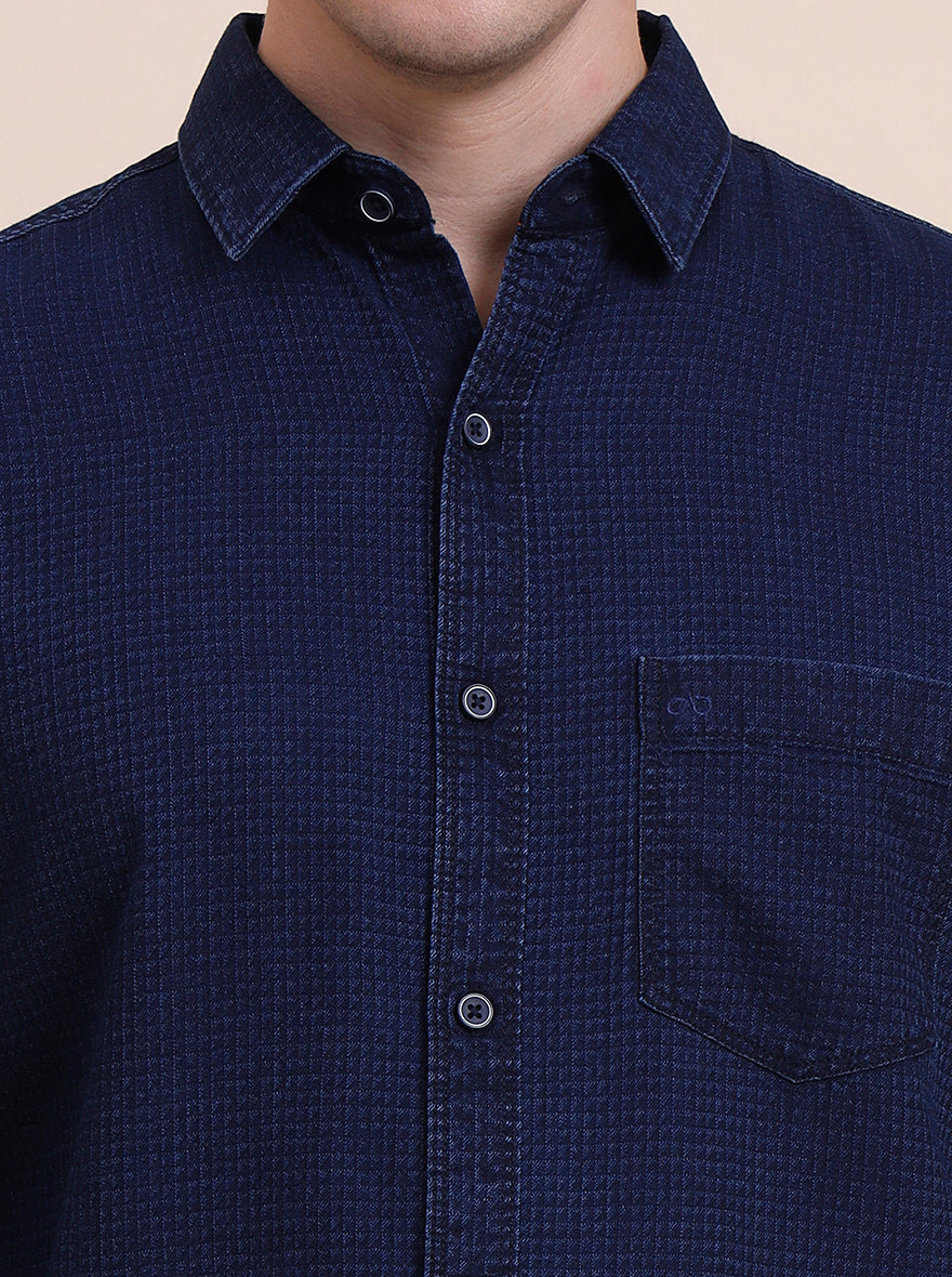 Navy Blue Solid Slim Fit Casual Shirt | JadeBlue