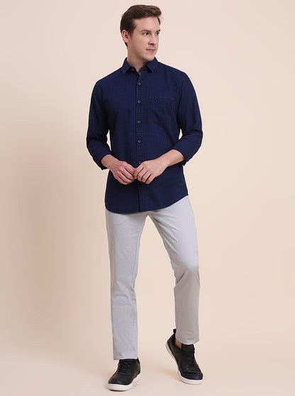 Navy Blue Solid Slim Fit Casual Shirt | JadeBlue