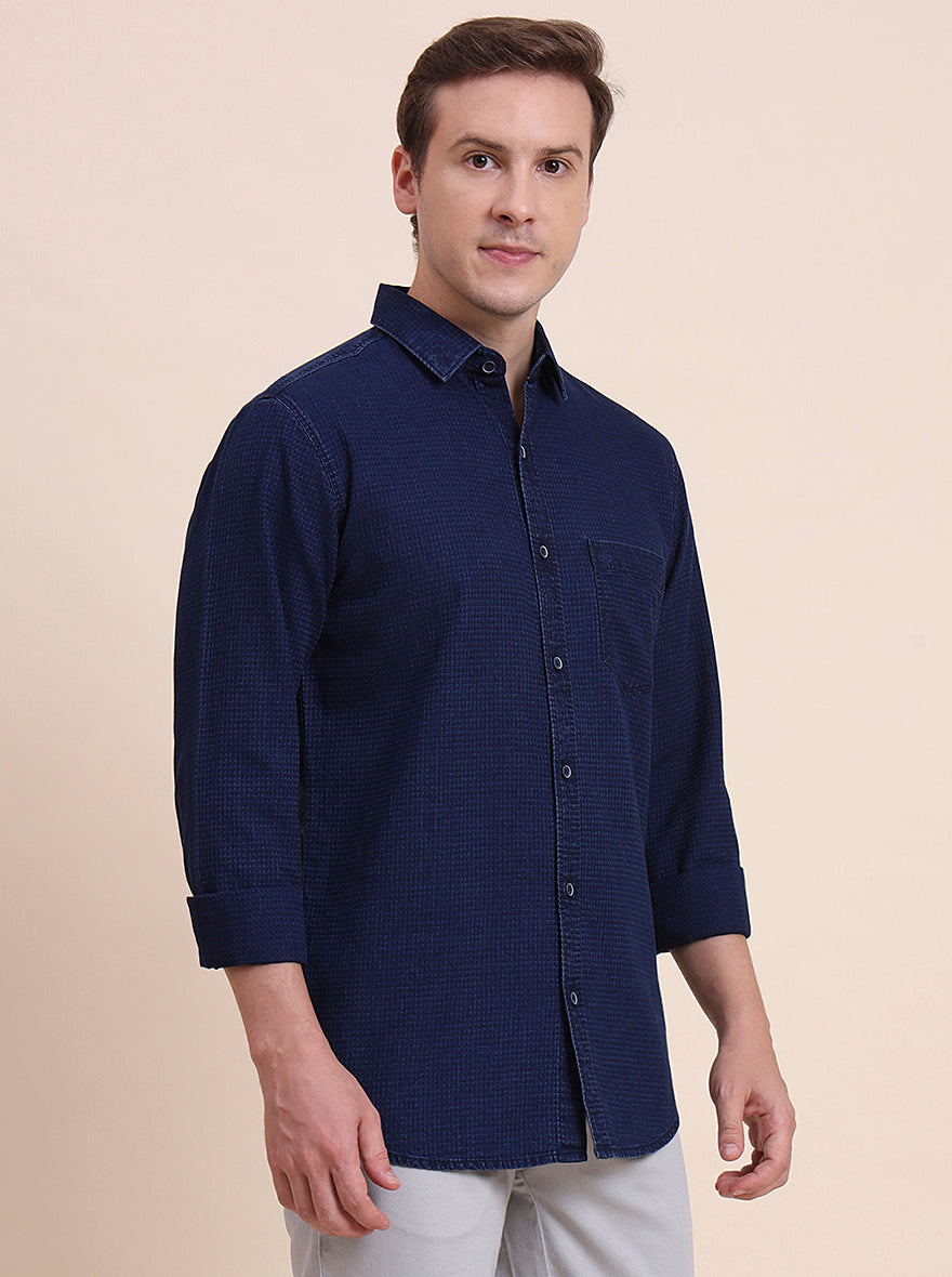 Navy Blue Solid Slim Fit Casual Shirt | JadeBlue