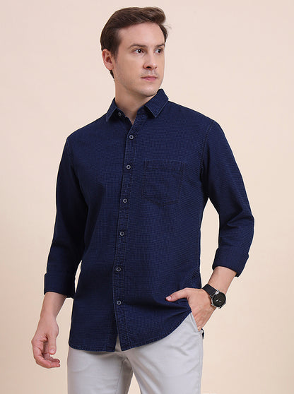 Navy Blue Solid Slim Fit Casual Shirt | JadeBlue