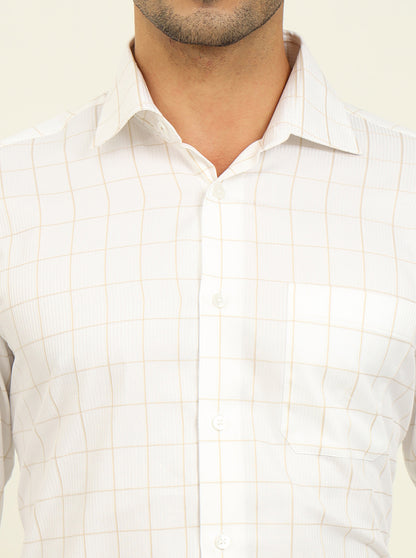 White & Fawn Checked Slim Fit Formal Shirt | Metal