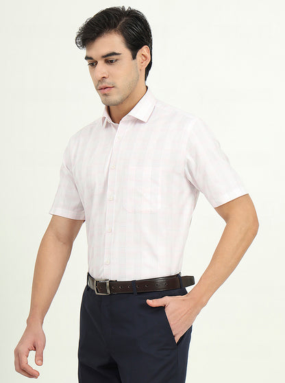 Light Pink Checked Regular Fit Formal Shirt | Greenfibre