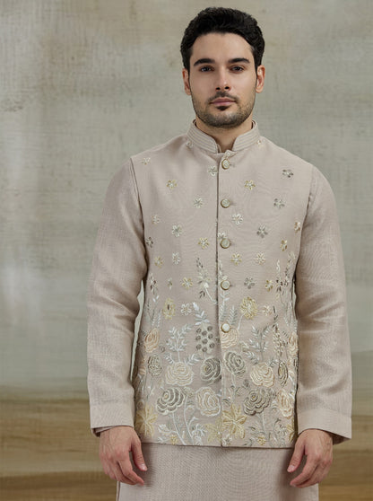 Cream Embroidered Kurta Pajama with Koti | TULA