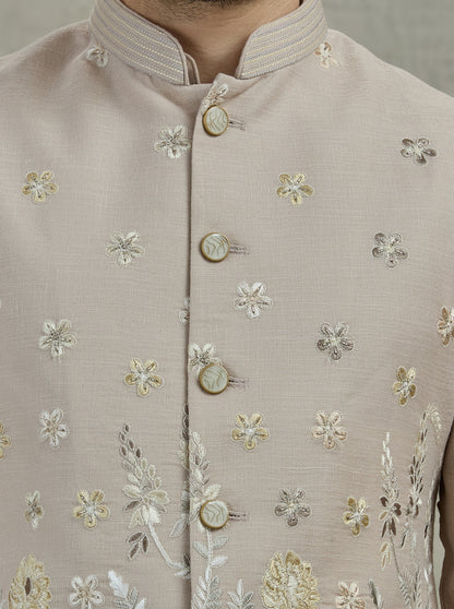Cream Embroidered Kurta Pajama with Koti | TULA