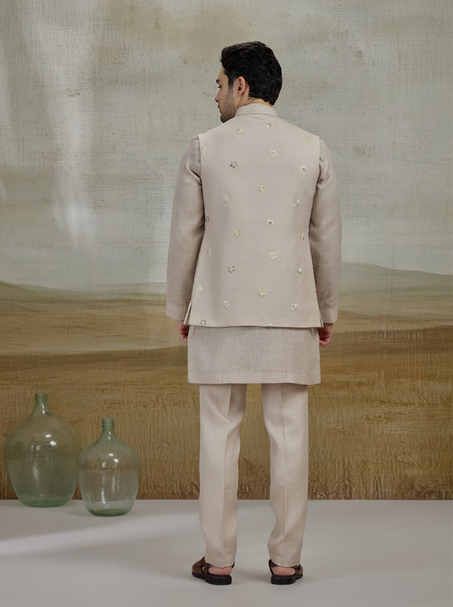 Cream Embroidered Kurta Pajama with Koti | TULA