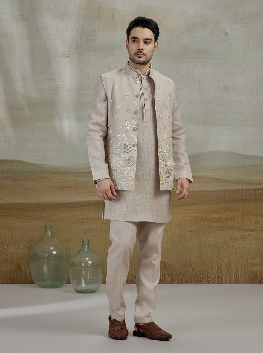 Cream Embroidered Kurta Pajama with Koti | TULA
