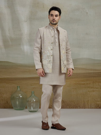 Cream Embroidered Kurta Pajama with Koti | TULA