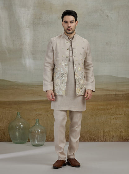 Cream Embroidered Kurta Pajama with Koti | TULA