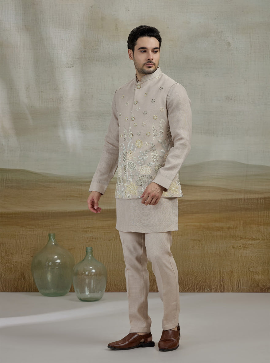 Cream Embroidered Kurta Pajama with Koti | TULA