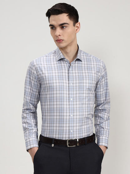 White & Sky Blue Checked Slim Fit Formal Shirt | Metal