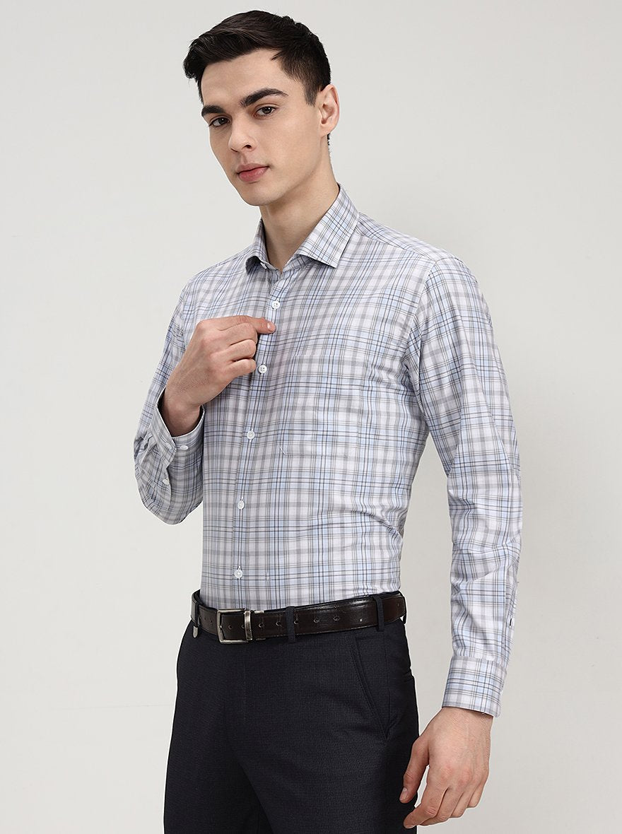 White & Sky Blue Checked Slim Fit Formal Shirt | Metal